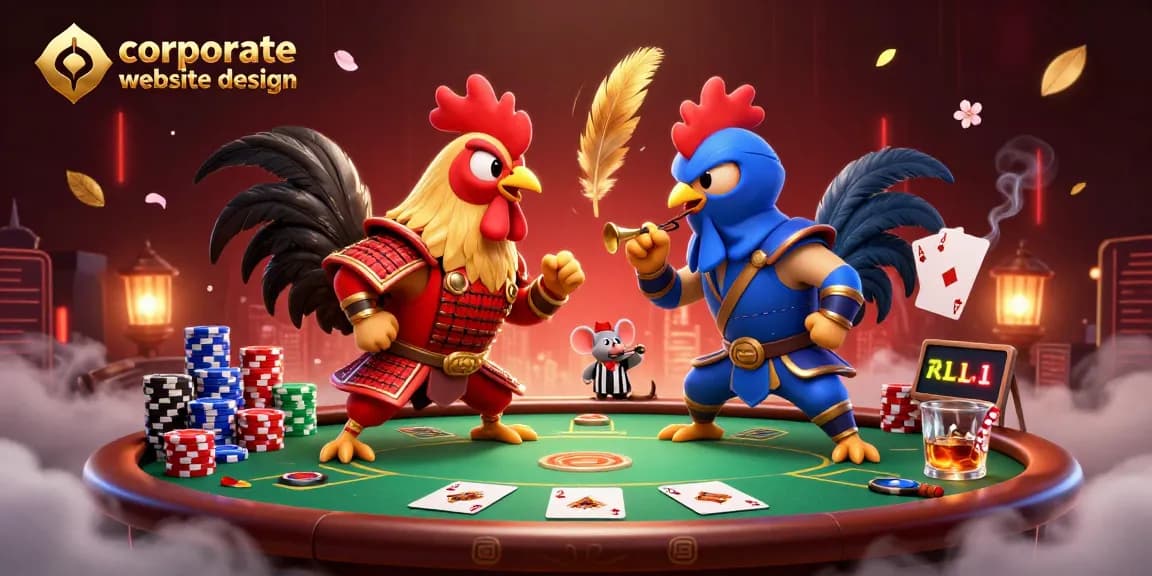 Engage with corporate website design in a vibrant poker showdown featuring epic roosters and high-stake elements.