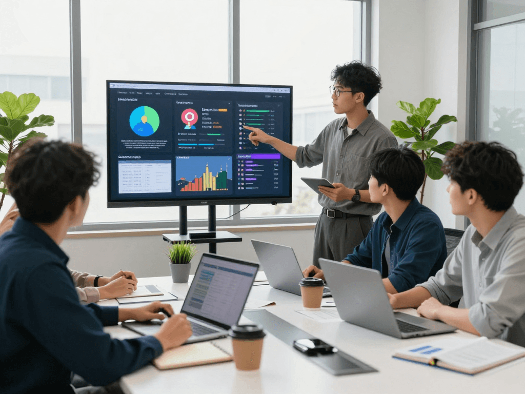 Equipe estratégica discutindo marketing multicanais em ambiente moderno.