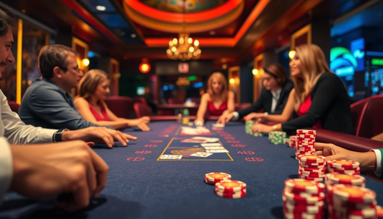 Profitez des meilleurs bonus casino en ligne sur une table de jeu animée avec un croupier et des joueurs attentifs.