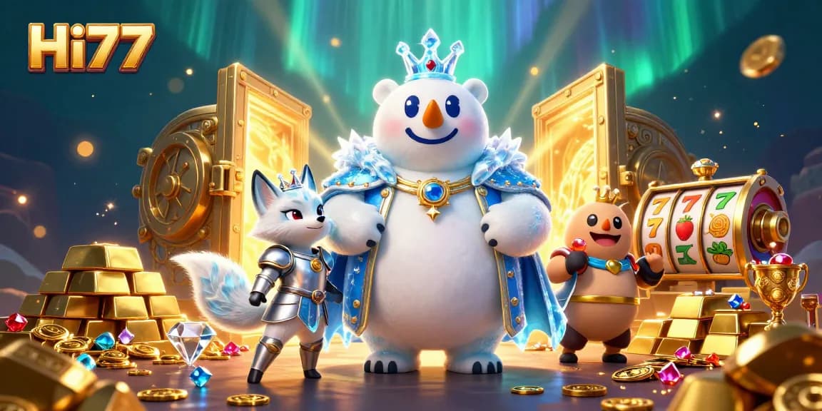 Win at Hi77 with exciting treasures and dynamic slot elements in a vibrant casino-themed illustration.