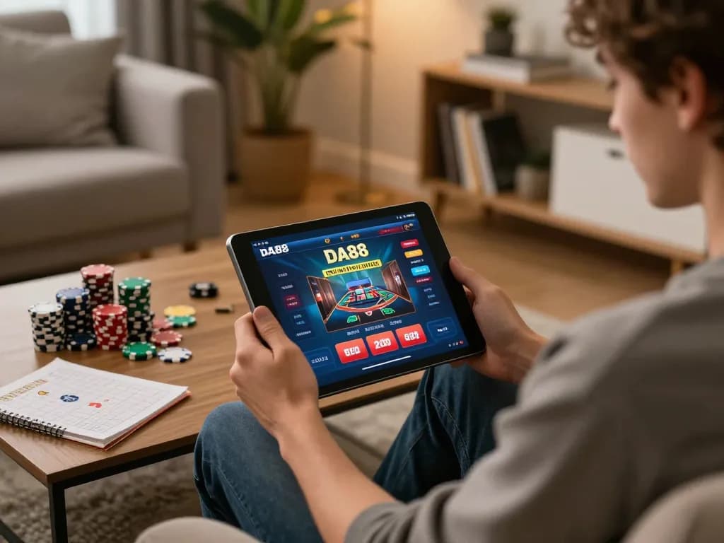 Engaging in strategic gameplay on DA88's online casino interface while comfortably at home