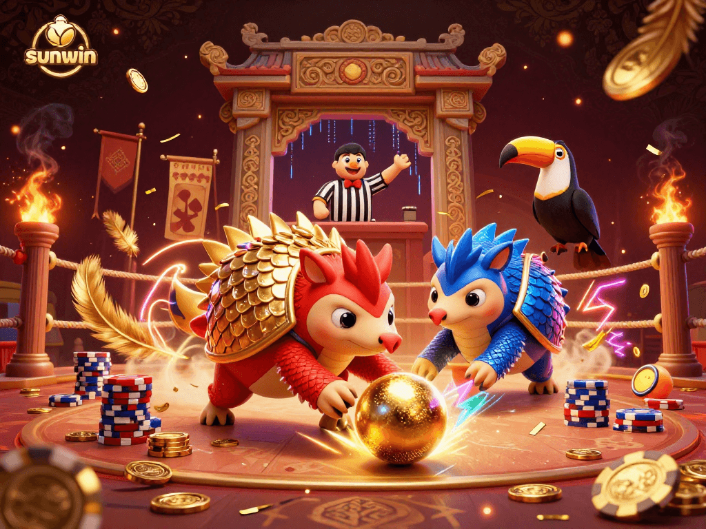 Experience sunwin's thrilling casino action with pangolins battling over poker chips in this vibrant 3D illustration.
