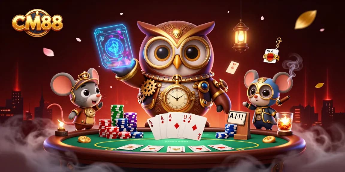 Experience the excitement of CM88 with a captivating illustration of a time-traveler owl in a vibrant casino setting.
