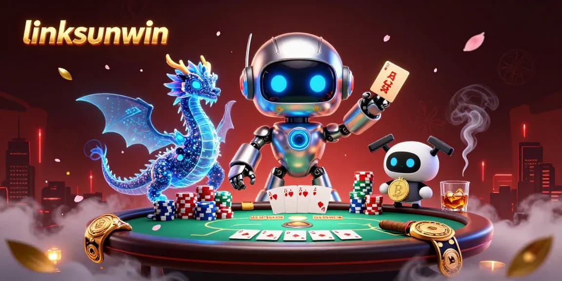 Experience thrilling poker action with the linksunwin cyberpunk robot and companions in a vibrant casino scene.