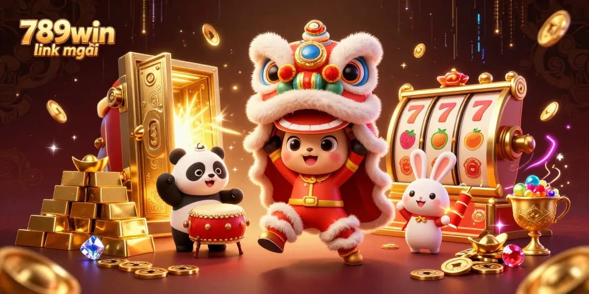 Engage in the excitement at 789win link mới with a vibrant celebration featuring a lion dance and casino treasures.
