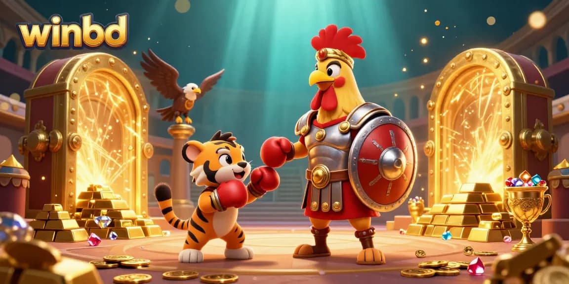 Experience the thrill of winbd with a gladiator rooster and treasures in a 3D casino showdown.