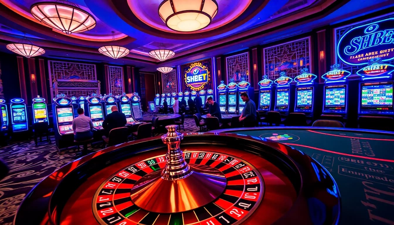Players engaging with SHBET's roulette wheel in a vibrant casino atmosphere.