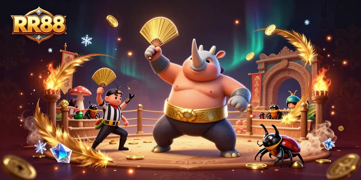 RR88 features an epic sumo champion beetle stomping coins in a lively casino arena scene.