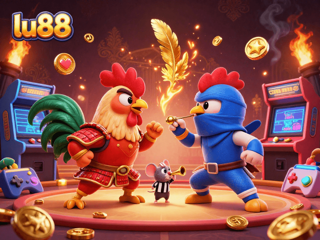 Experience the thrilling showdown of lu88’s arena with samurai and ninja roosters fighting!