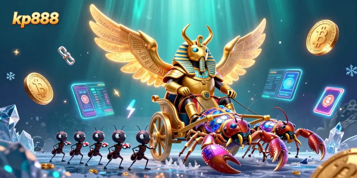 Engage in thrilling gambling at kp888 with the colossal golden scarab beetle and vibrant casino elements.