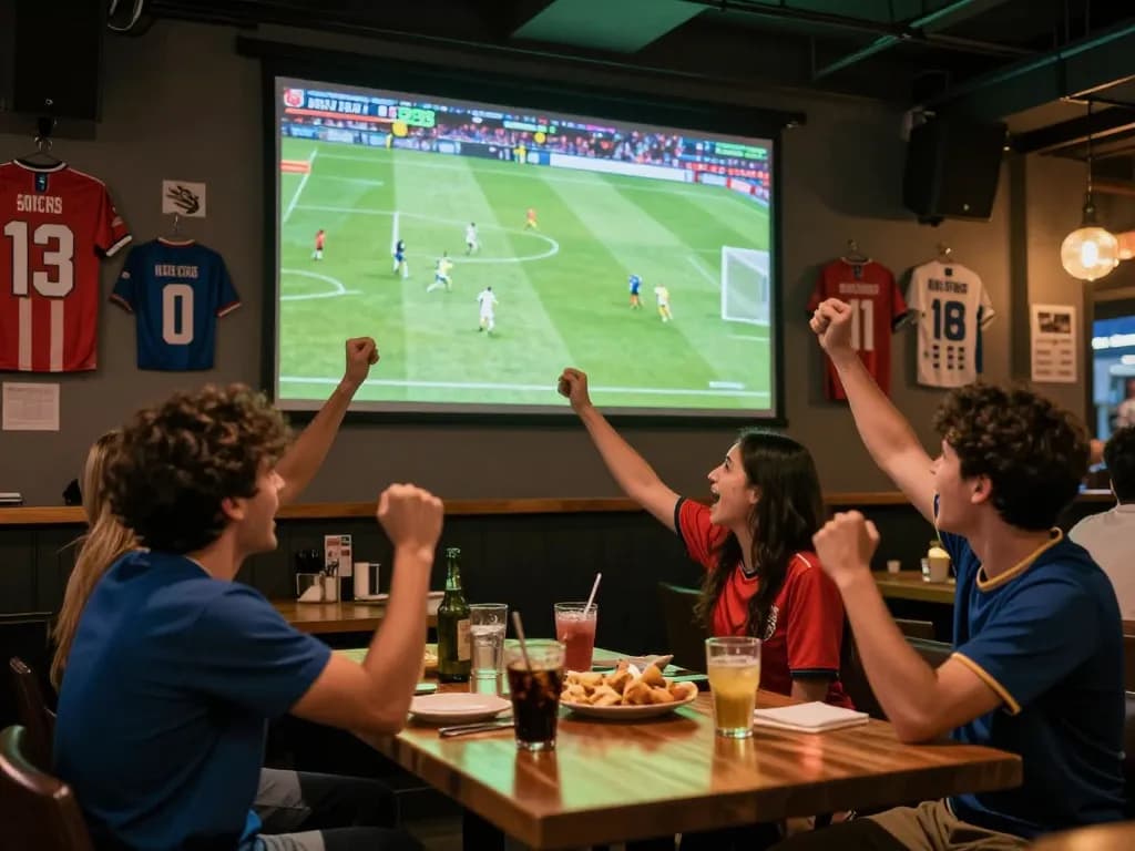 Socolive soccer fans celebrating live sports at a vibrant sports bar with a large screen.