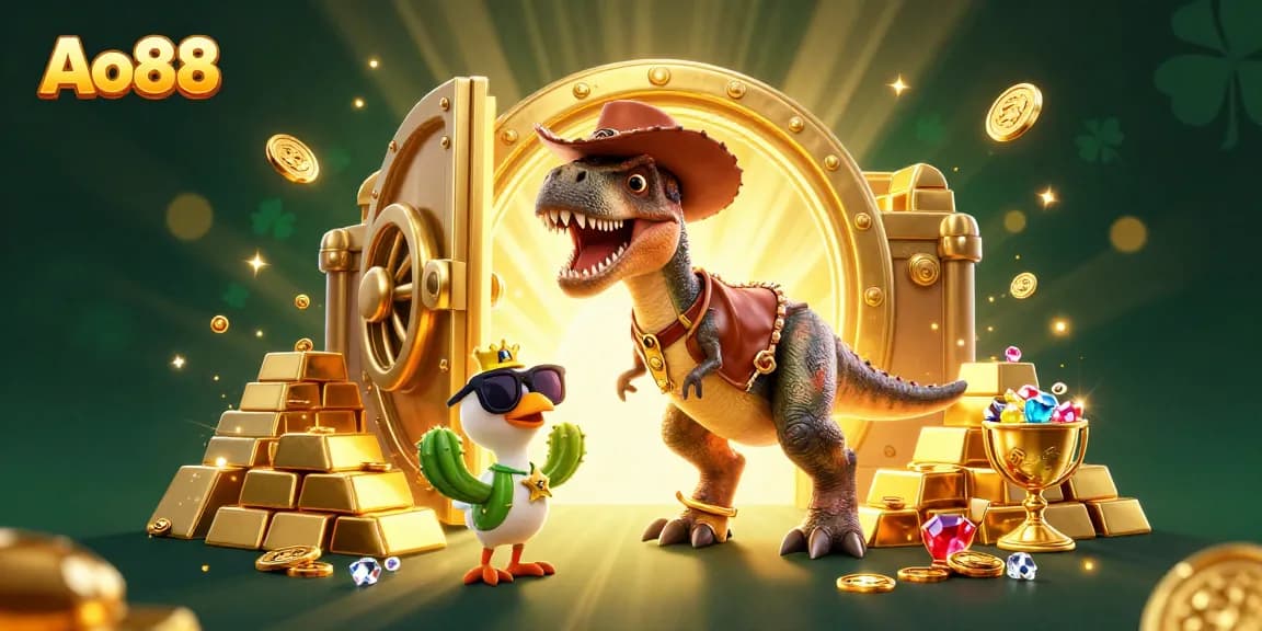 Ao88 illustrates a thrilling Jurassic-themed gambling environment with exciting treasures and vibrant characters.