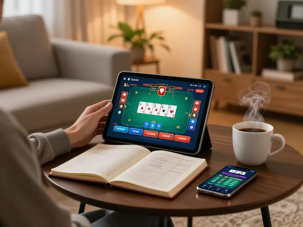 Engaging scene of online poker gaming setup at https://tr88.bio/ with cozy atmosphere and strategic documents.