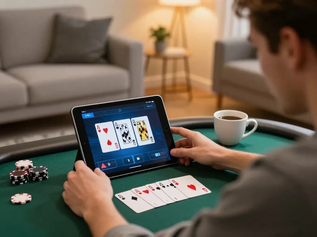 Player engaging in online poker at home with FIVE88, focusing on a tablet showing game interface.