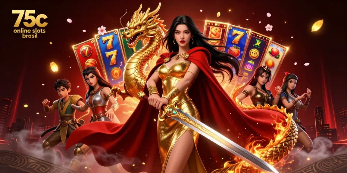 Engage with 75c online slots brasil as you enjoy vibrant slot reels and an epic warrior scene.