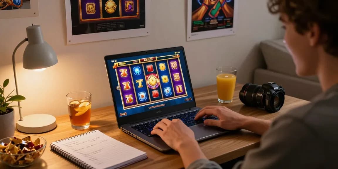 Excited player utilizing rokok88 slot login on laptop with engaging gameplay and snacks nearby.