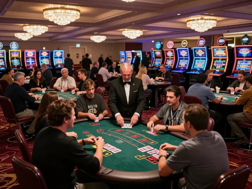 Players engaging with the thrilling 33CC blackjack tables at a bustling casino, showcasing strategic bets and excitement.