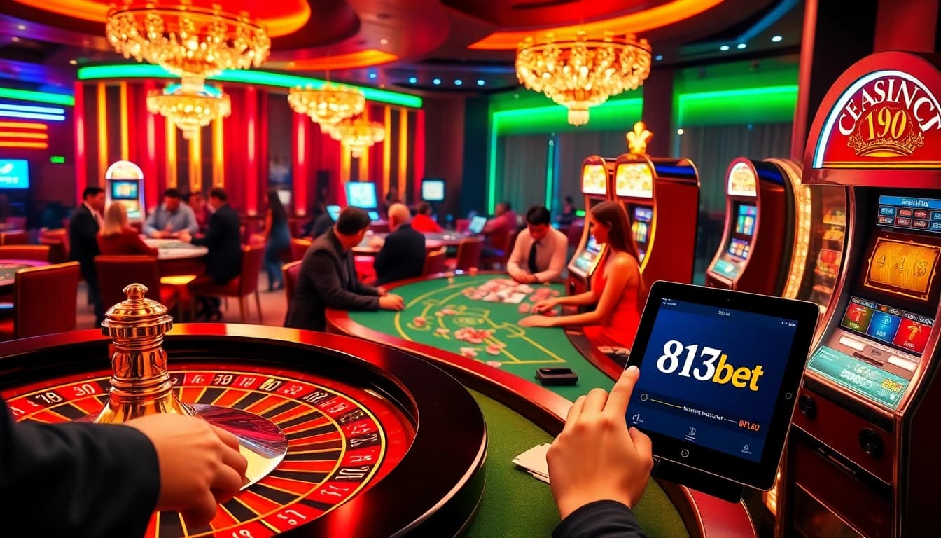 Jogadores entusiasmados aproveitando os jogos na vibrante cena de cassino da 813bet, com mesas de roleta e pôquer.