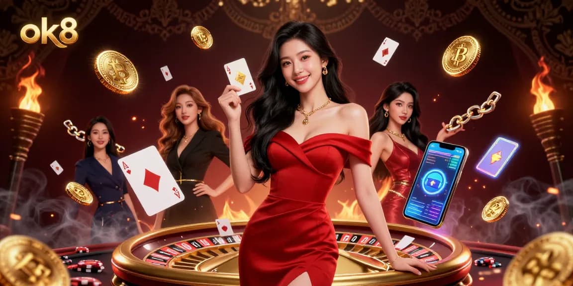 Spin to win exciting games at ok8, featuring a confident woman with a golden card next to a roulette wheel.