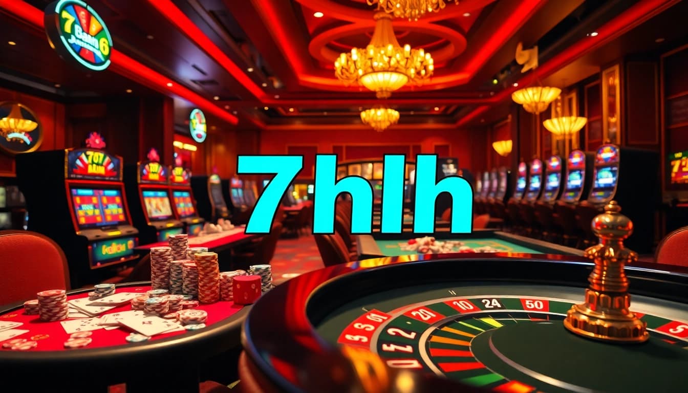Experience the thrill of the 7hh casino setting, showcasing vibrant slot machines and elegant tables.