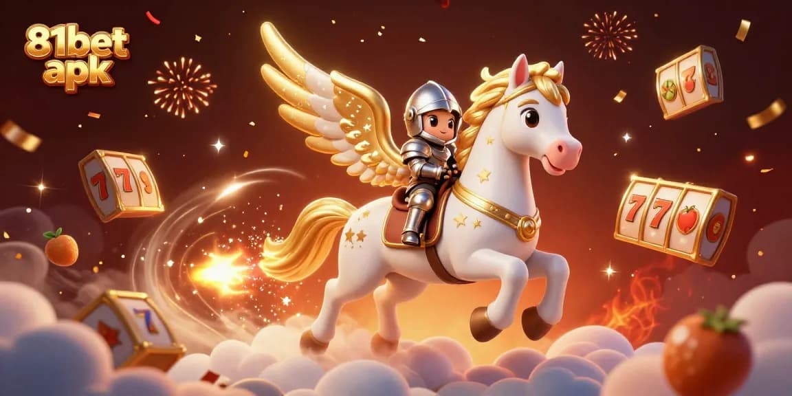 Engage with the thrill of 81bet apk slots, featuring a dynamic scene with a celestial horse and casino symbols.