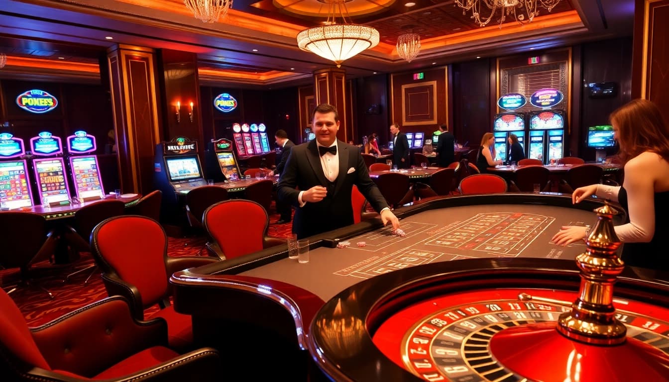 Gambling scene showcasing excitement and luxury at 28BET COM casino with players and games.