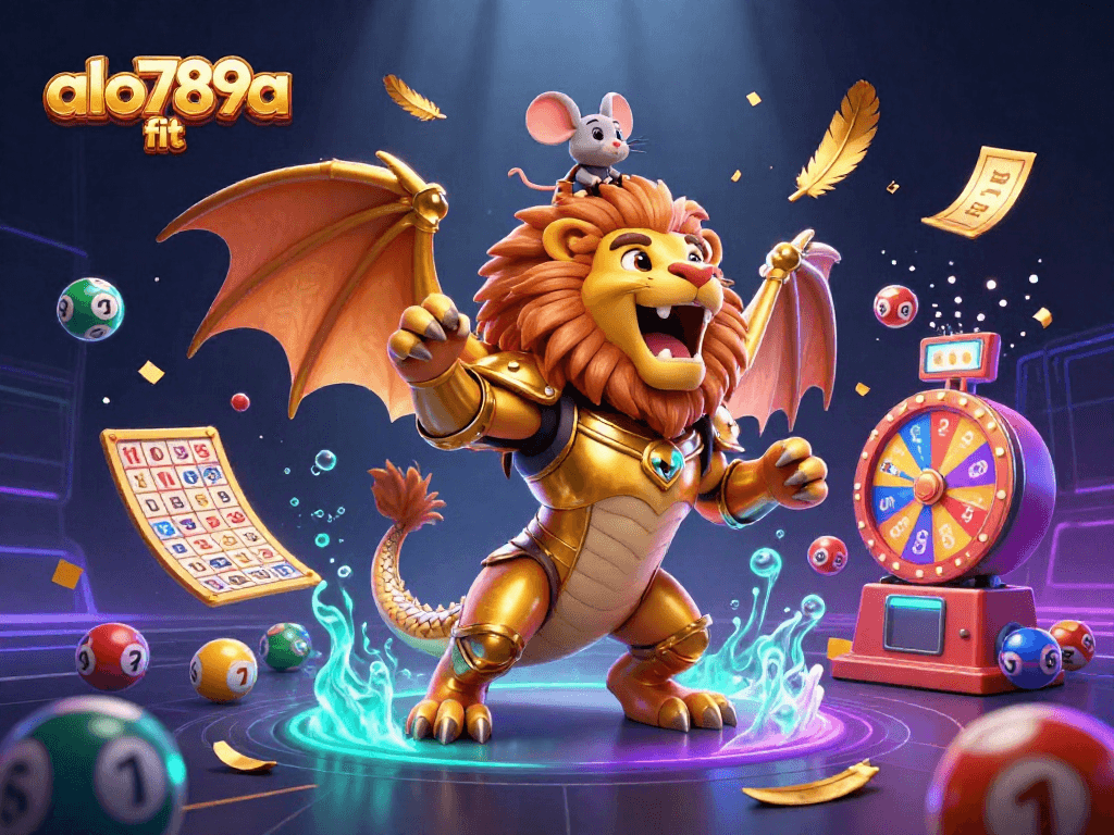 Experience thrills with the dynamic gaming scene at alo789a fit featuring colorful lottery balls and a roaring chimera.