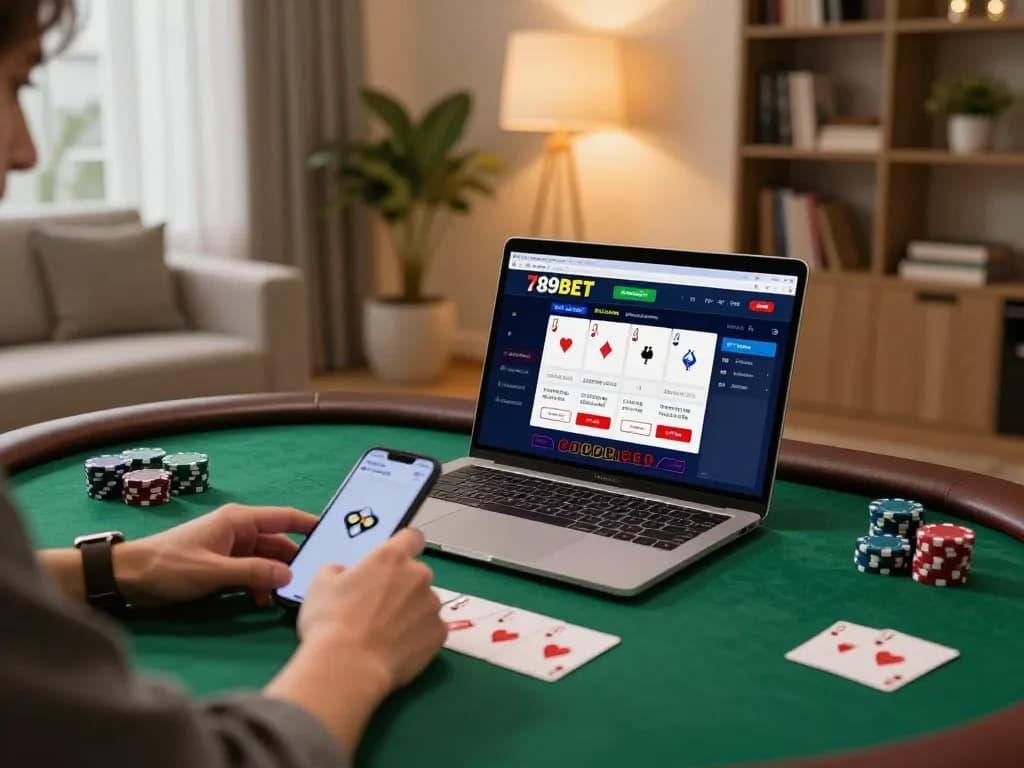 Engaging in online poker gameplay at 789BET with a laptop and smartphone, showcasing strategic betting.