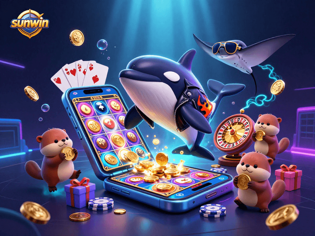 Engage in thrilling gameplay with sunwin featuring an orca, stingray, and otters in an exhilarating casino scene.