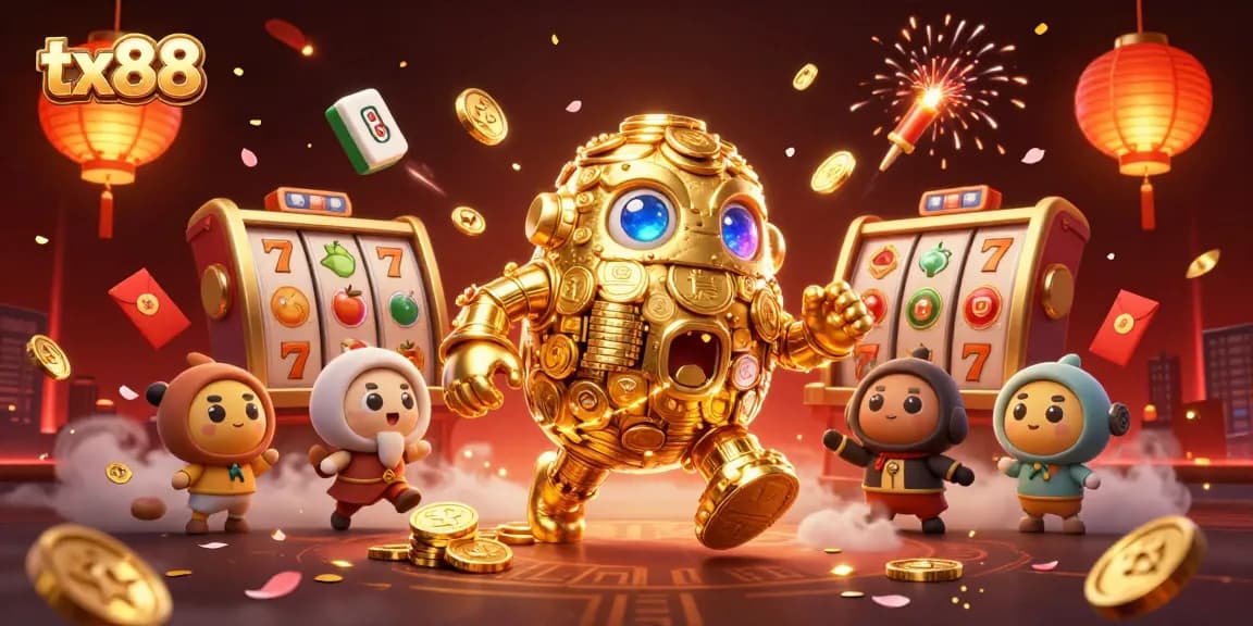 Engage with vibrant gaming elements in the tx88 casino scene, featuring a golden golem amidst slot reels.