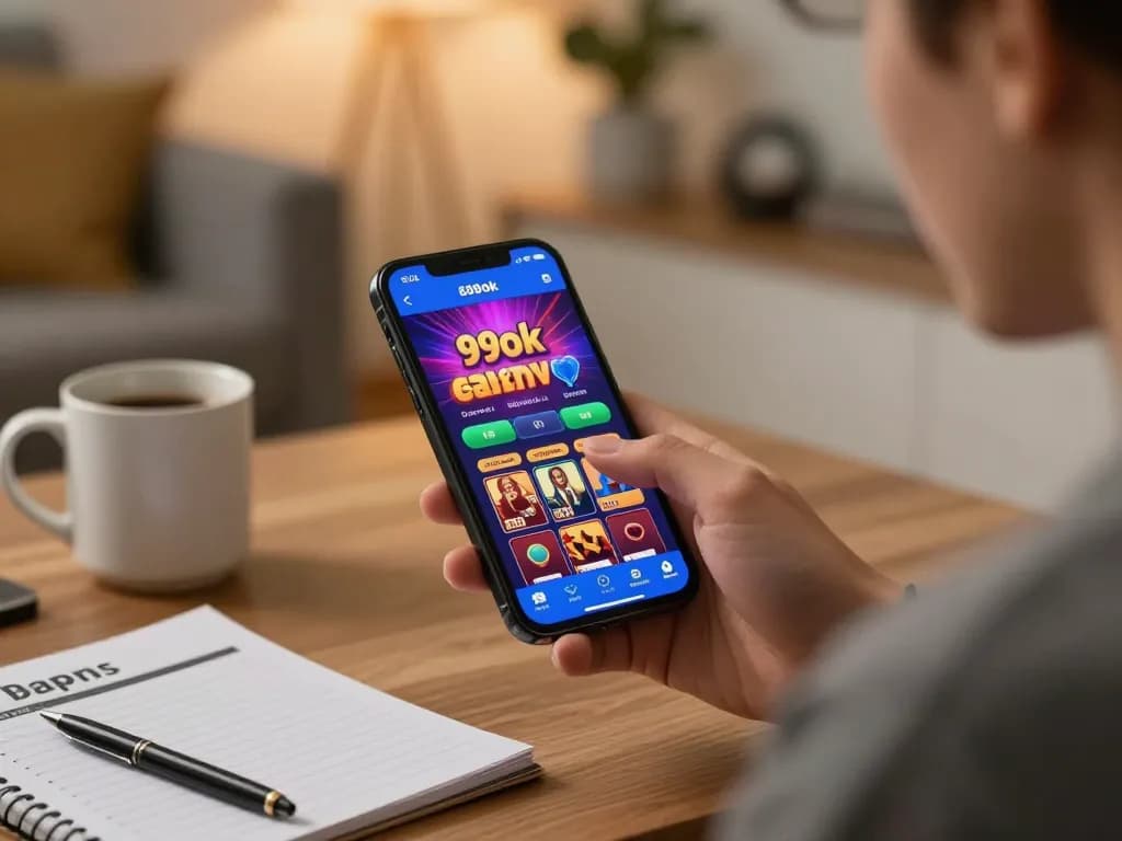 Player engaging with 99ok casino app on smartphone in cozy home setting, emphasizing strategic betting action