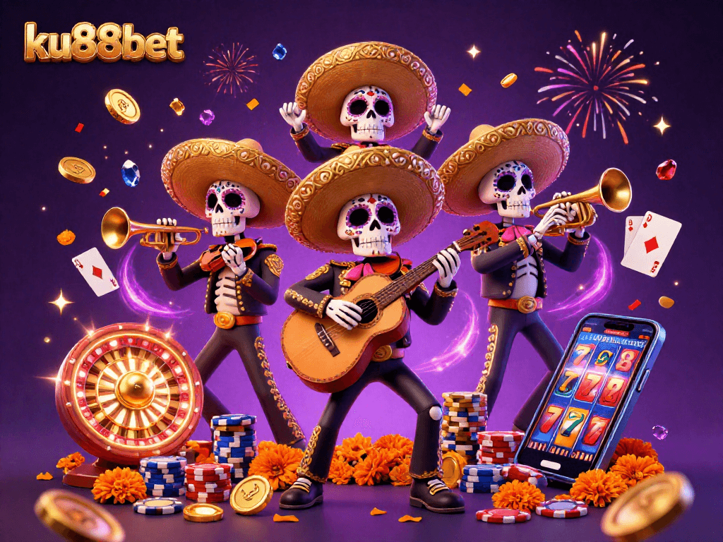 Experience the excitement of ku88bet with a vibrant illustration of a skeleton mariachi band playing amidst cascading casino elements.