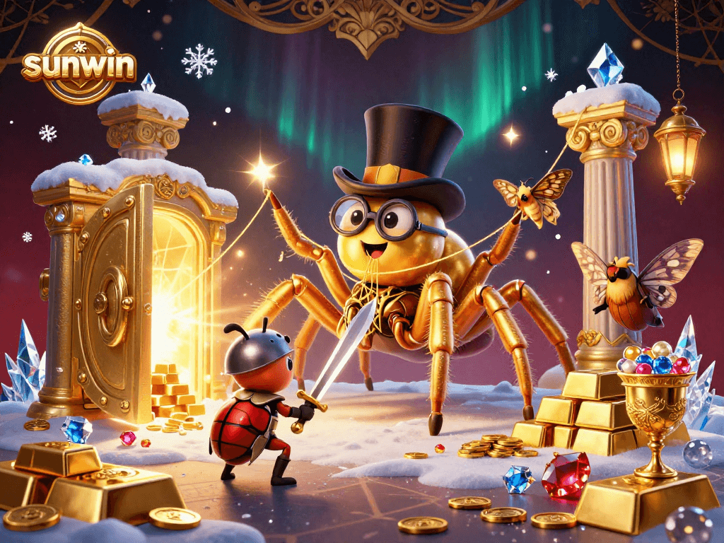 Sunwin reveals stunning golden treasures as a beetle knight bravely approaches in a casino scene.