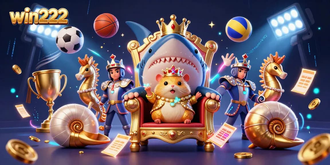 Win222 engages players with a vibrant casino scene featuring the hamster king, royal guards, and dynamic sports elements.