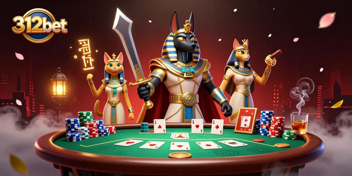 Experience thrilling poker action with 312bet's vibrant gaming scene filled with Anubis and Bastet.