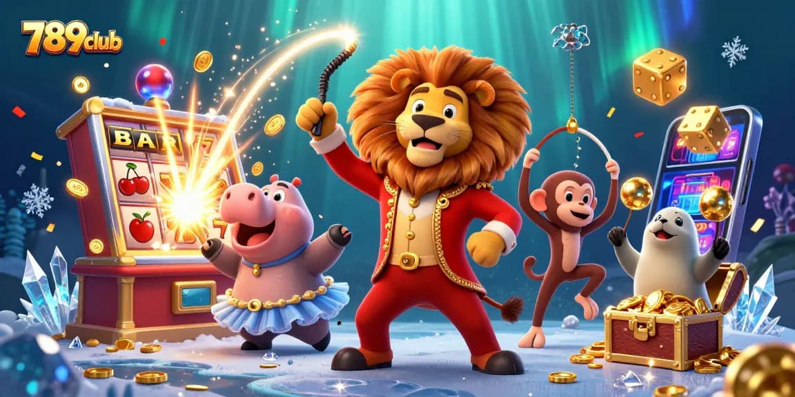 Experience the thrill of 789club as circus characters play casino games amidst exploding jackpots.