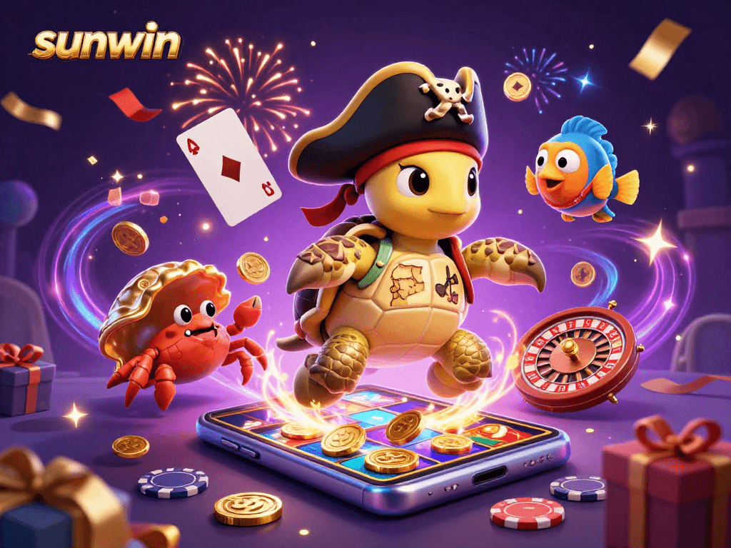 Experience the thrill of winning with sunwin’s vibrant casino scene featuring a pirate turtle and treasure.
