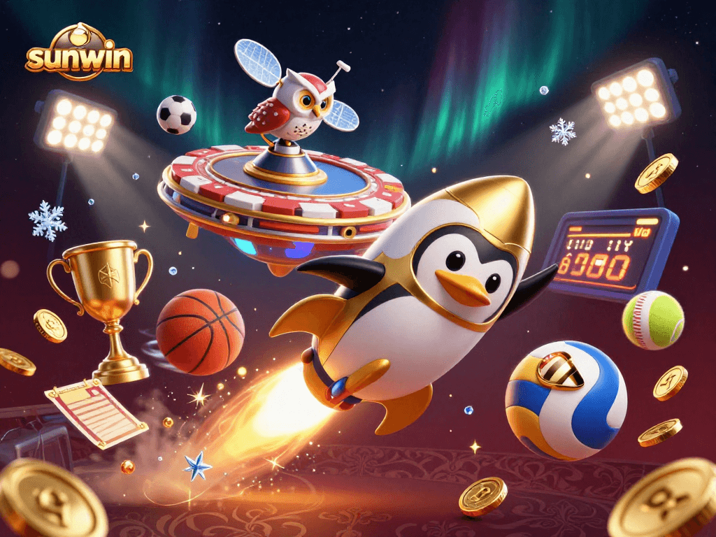 Bet on sunwin with a rocket-powered golden penguin soaring over a casino planet in a vibrant sports-themed scene.