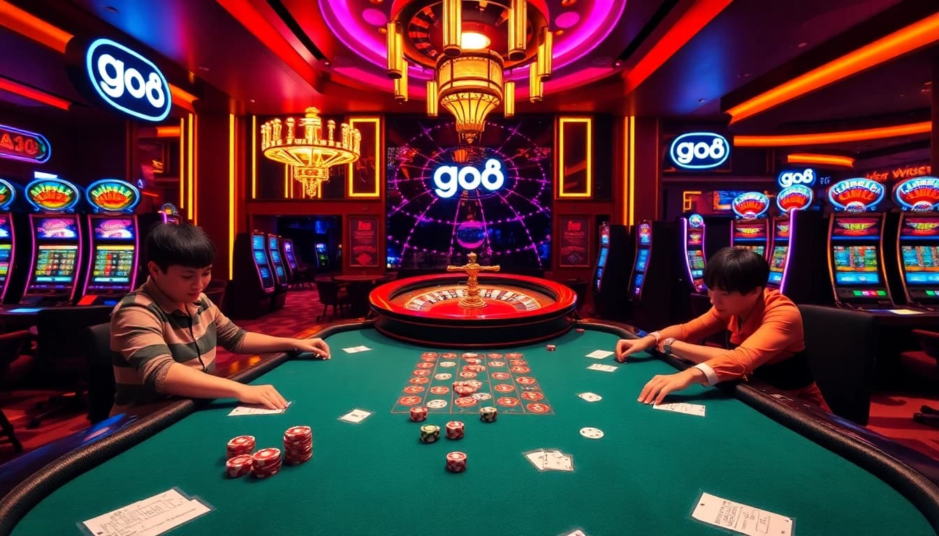 Exciting poker action and vibrant casino elements highlighting go8 in a luxury atmosphere.