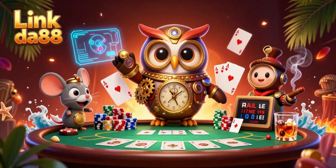 Experience the thrill of Link da88 as a time-traveler owl plays poker in a vibrant scene.
