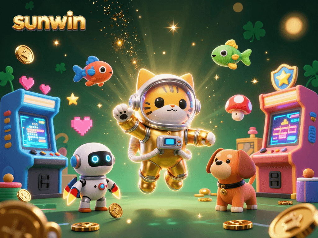 Playing with sunwin slots, while a golden space suit cat and robot dog add excitement.