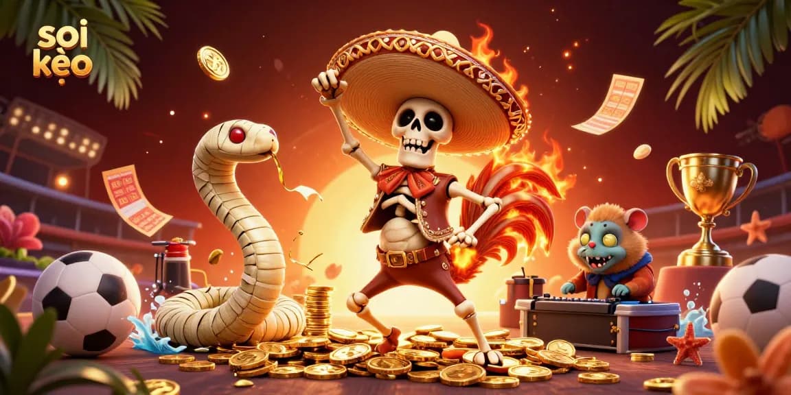 Soi kèo sports betting illustration with vibrant characters dancing around a pile of golden coins.