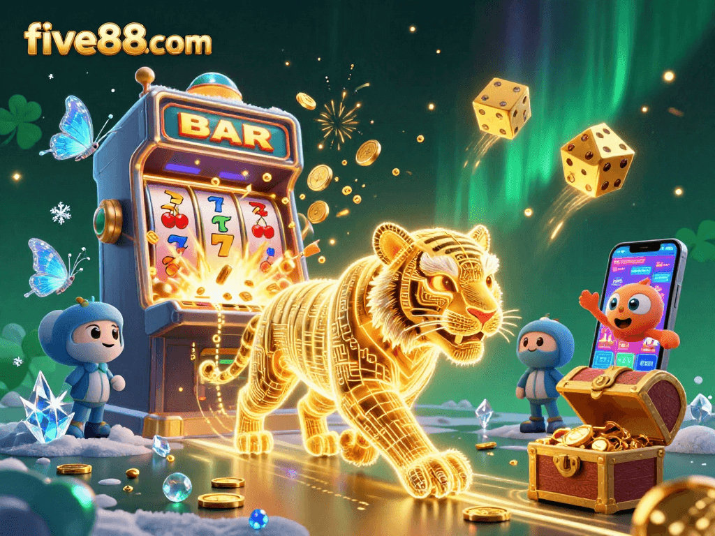 Experience thrilling wins at five88com with a digital casino scene featuring vibrant gaming elements and iconic symbols.
