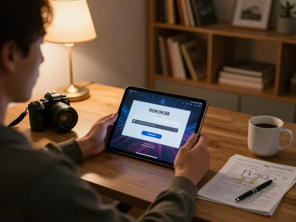 Engaging with the rokok88 login screen on a tablet in a cozy home gaming setup.