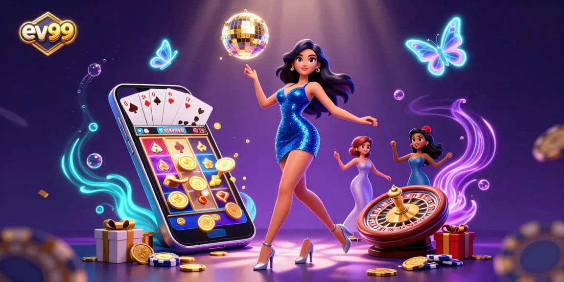 ev99 showcases vibrant casino fun with glowing elements and engaging slot games.