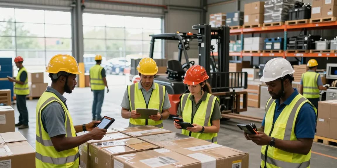Equipe de mão de obra terceirizada para indústria operando logística em armazém, organizando carga e verificando inventário com segurança.