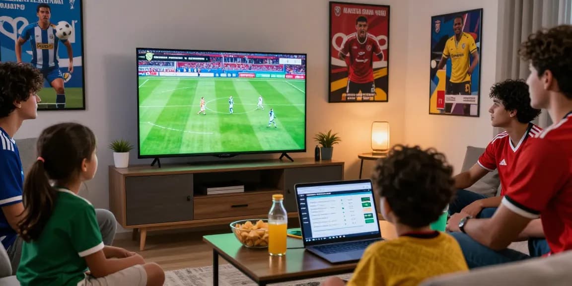 Fans enjoying live soccer on Multicanais in a cozy lounge.