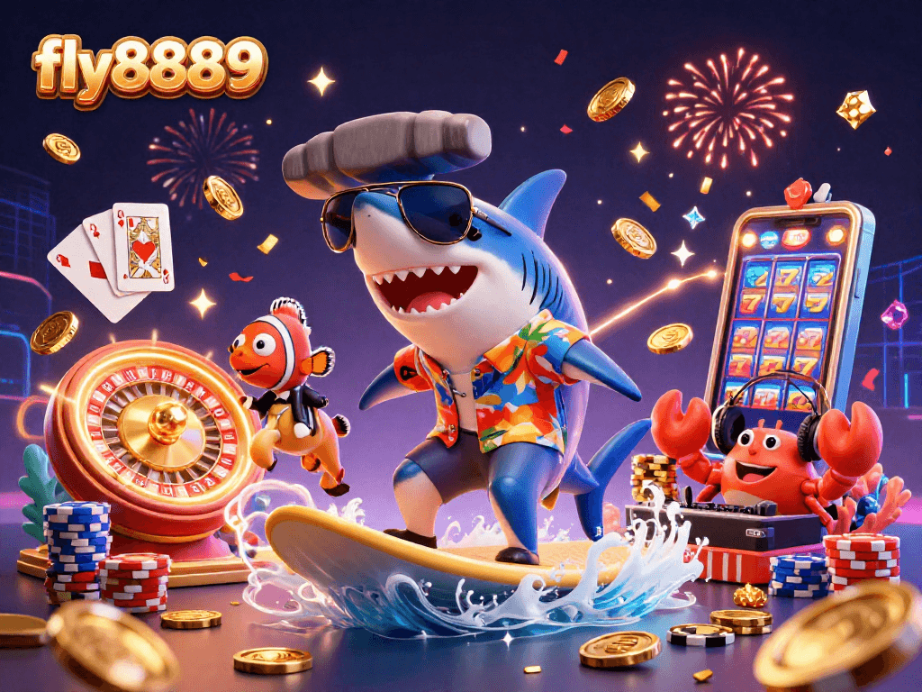 Engage in thrilling gameplay at fly8889, featuring a vibrant underwater scene with a shark, clownfish, and crab DJ.