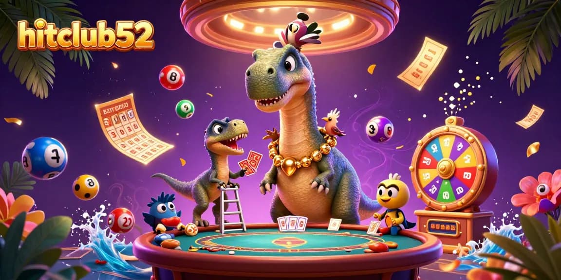hitclub52 engages players with a dynamic casino scene featuring vibrant lottery elements and a whimsical backdrop.