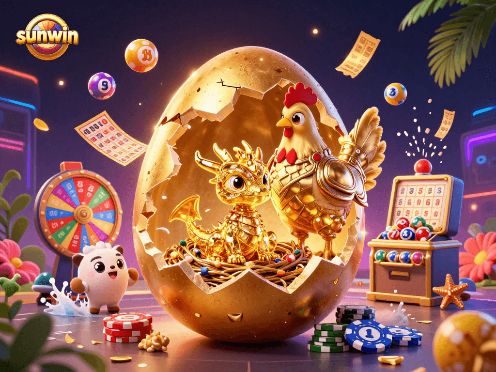 Experience the excitement of sunwin with a golden dragon amidst vibrant lottery elements in this illustration.